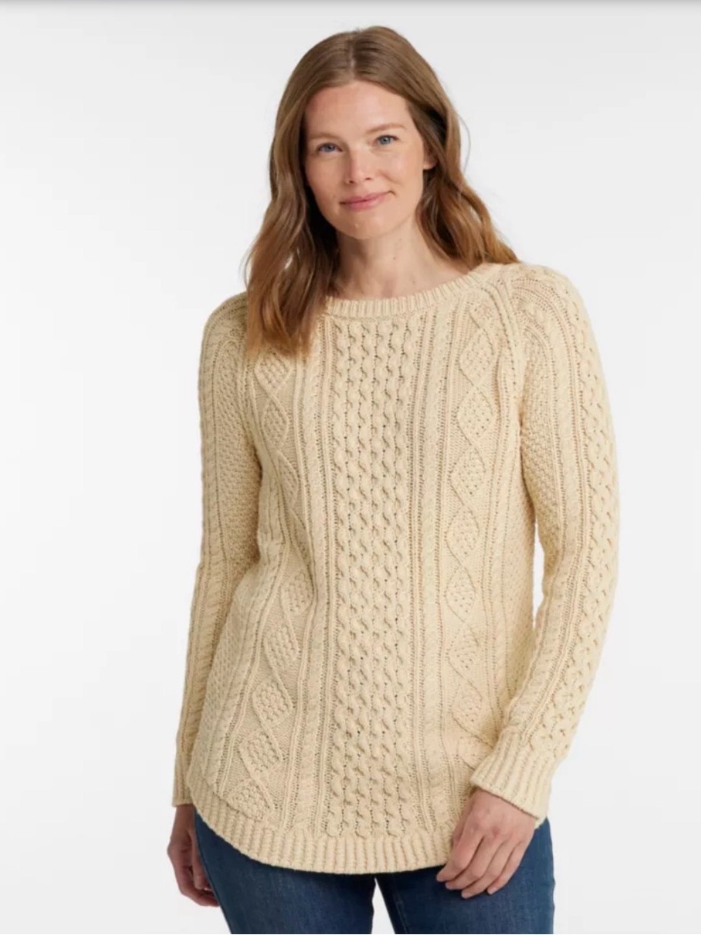 LL Bean Signature Fisherman Knit 100% Cotton Cable Knit Sweater Beige Sz XS